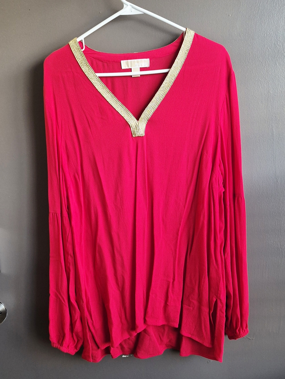 Michael Kors Beaded V-Neck Tunic in Bright Red With Gold Collar